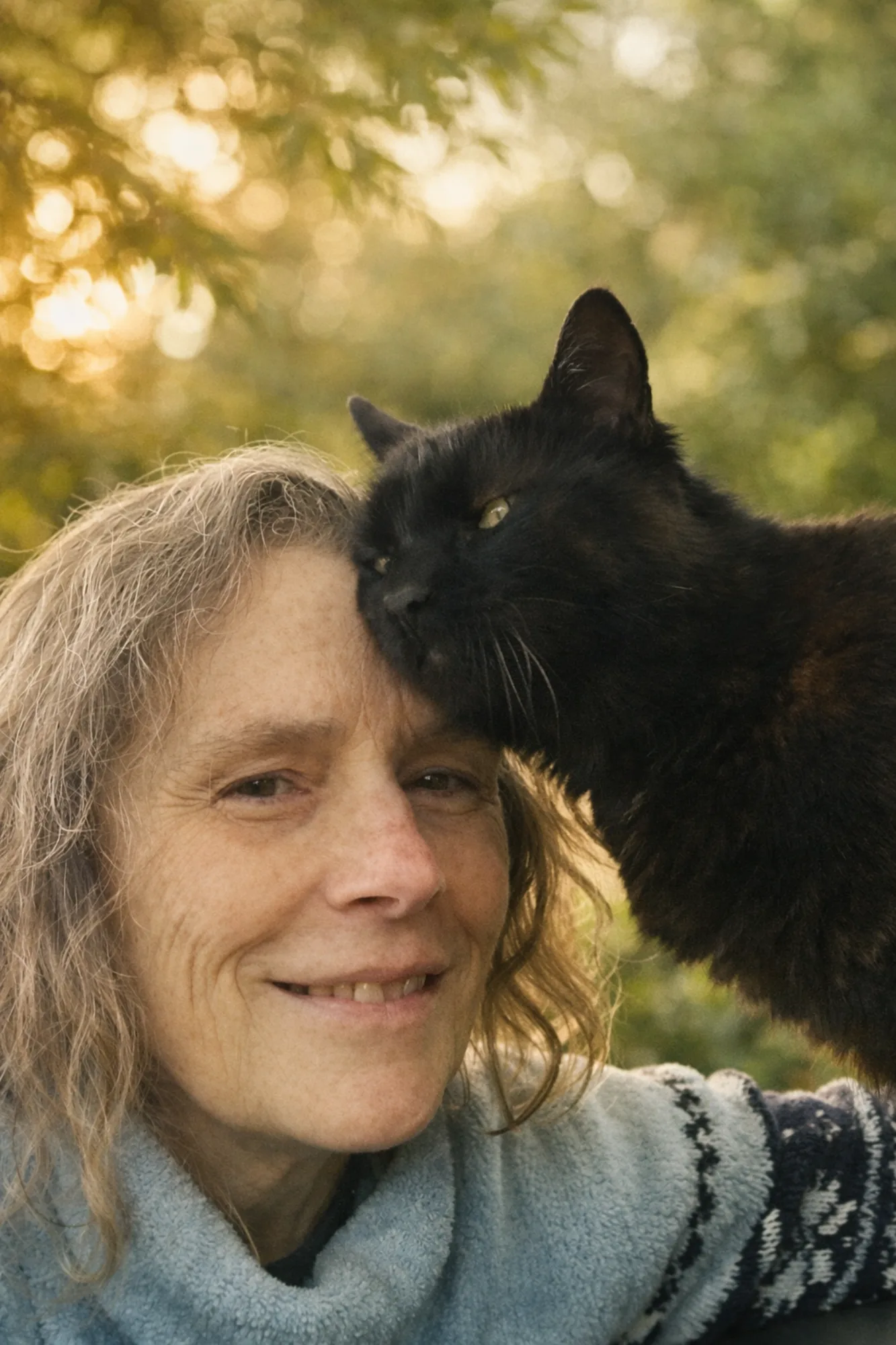 Sandra mit ihrer Katze Kuro im Abendlicht